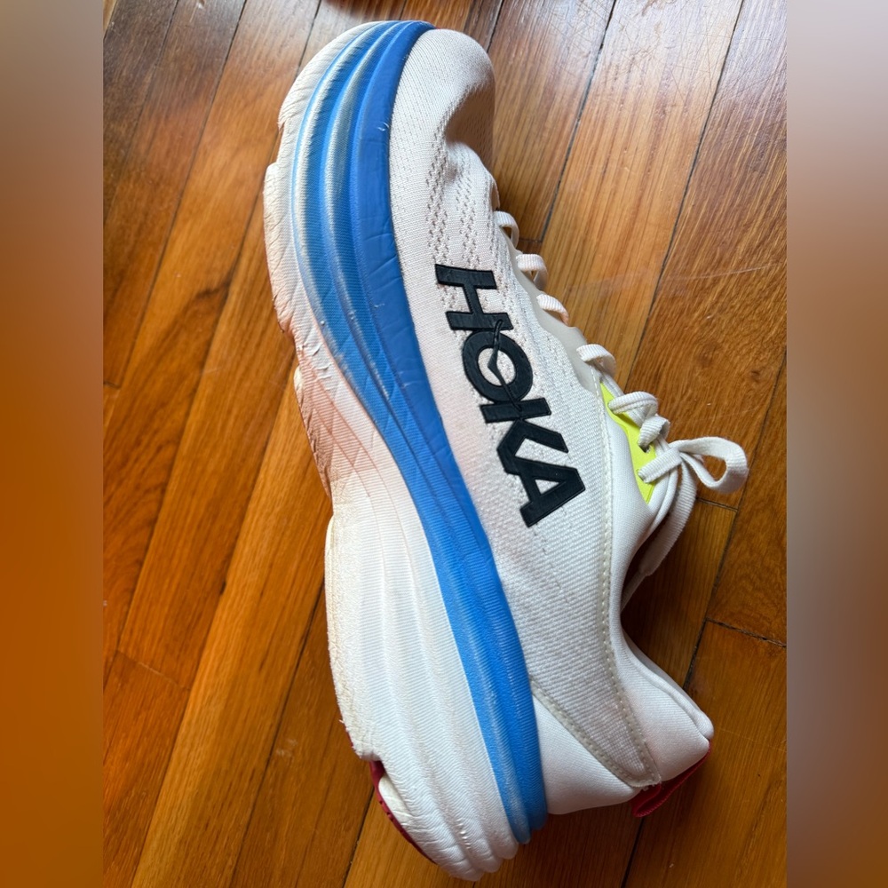 HOKA Bondi 8 Men’s Running Shoes Size 12.5 D Blue/White Worn Heel Damage - Picture 6 of 11